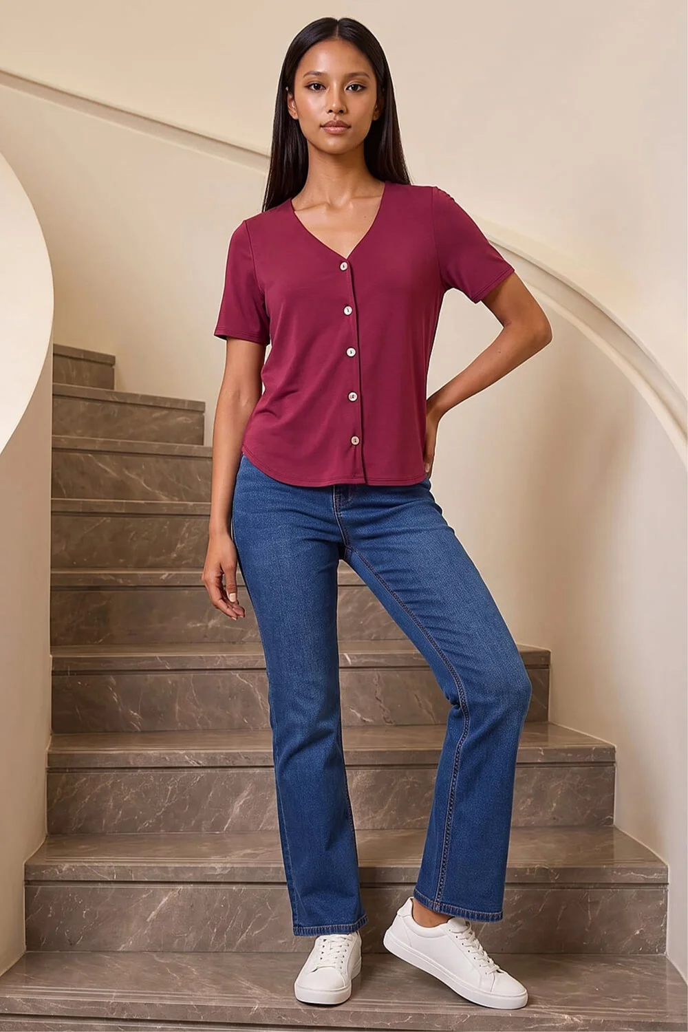 Roman Wine Petite V-Neck Buttoned Blouse - 16 Image 2