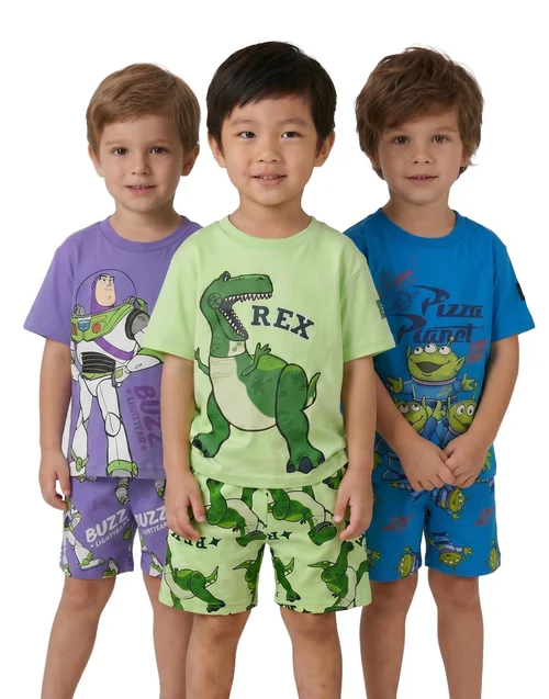 Disney Toy Story Boys Multicoloured Aliens Buzz & Rex Multi-Pack Of 3 Short Pyjama Set (12m-7y) - 3-4 Yrs Image 1