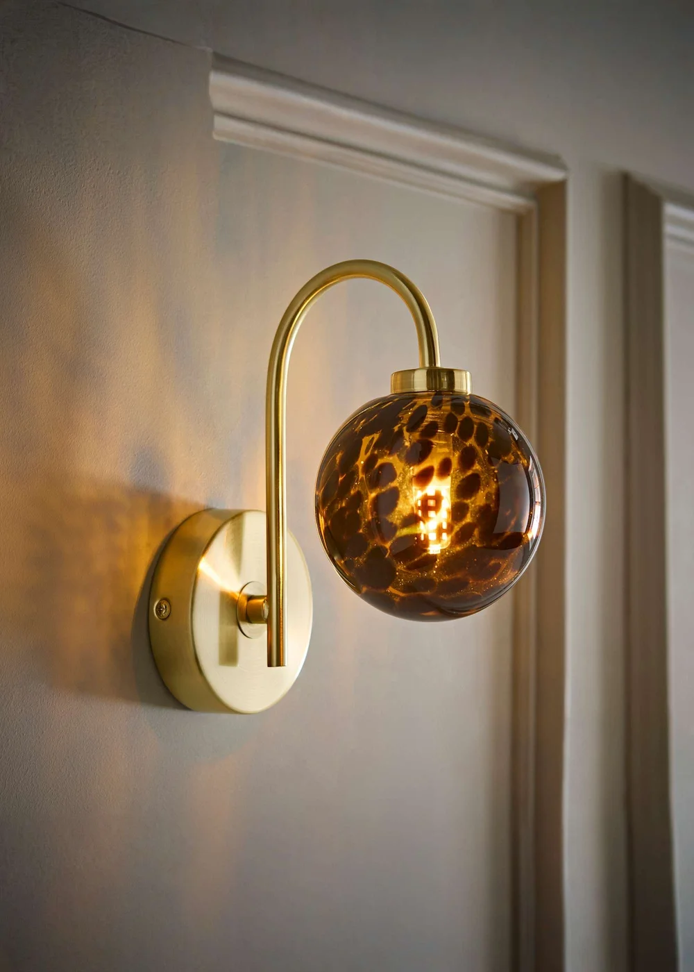 ValueLights Chiara Brushed Gold Leopard Glass Globe Wall Light With Warm White Bulb - One Size Image 1