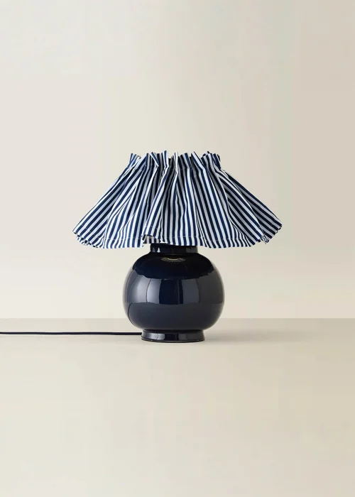 ValueLights Arabella Blue Ceramic Table Lamp With Pinstripe Pleated Shade and Warm White Bulb - One Size Image 2