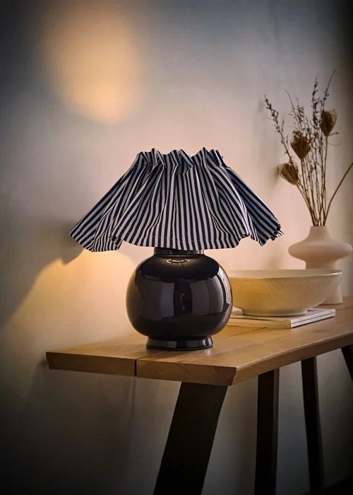 ValueLights Arabella Blue Ceramic Table Lamp With Pinstripe Pleated Shade and Warm White Bulb - One Size Image 1