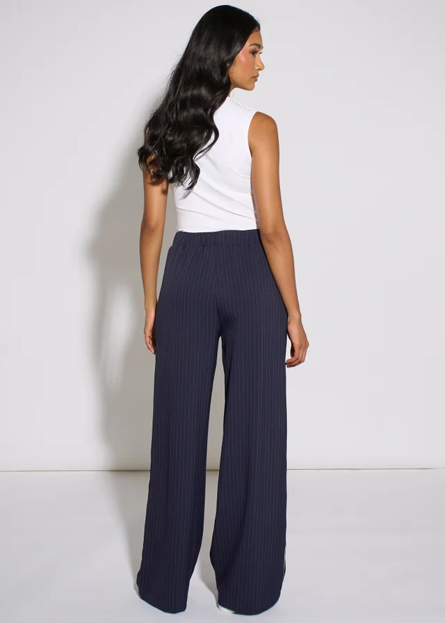 Gini London Navy Drawstring Pinstripe Wide Leg Jogger