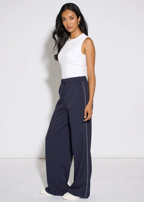 Gini London Navy Drawstring Pinstripe Wide Leg Jogger - 8 Image 4