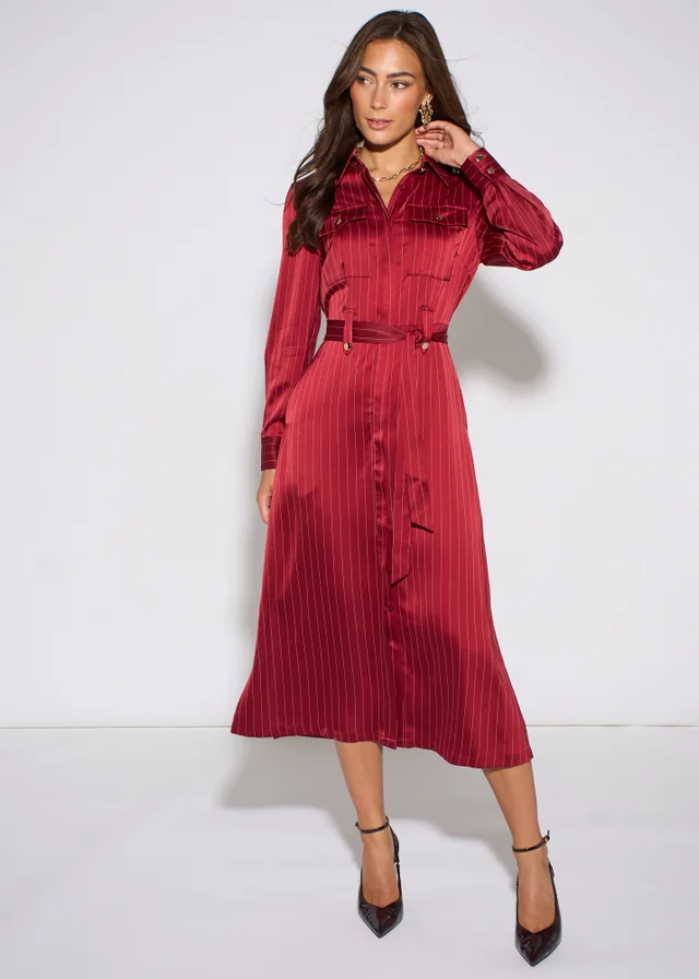 Gini London Mulberry Pinstripe Shirt Utility Belted Shirt Dress
