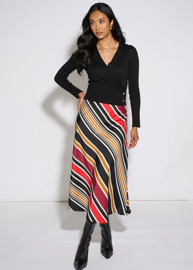 Gini London Black Stripe Satin Biased Midi Skirt