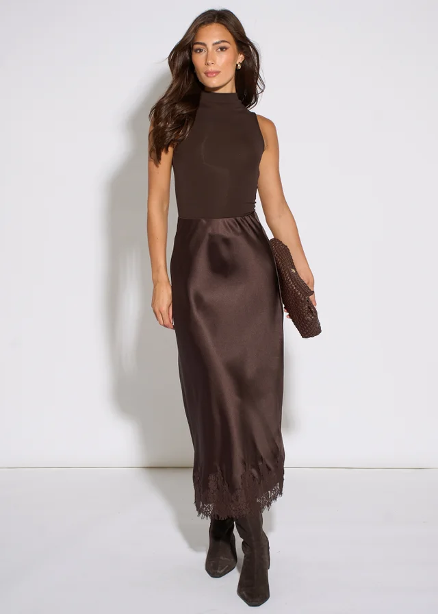 Gini London Brown Contrast Lace Trim Satin Bias Skirt