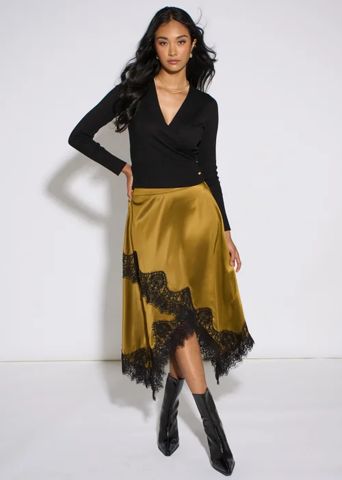 Gini London Khaki Satin Asymmetric Hem Contrast Lace Skirt - 8 Image 2