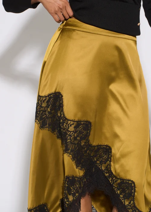 Gini London Khaki Satin Asymmetric Hem Contrast Lace Skirt - 8 Image 4