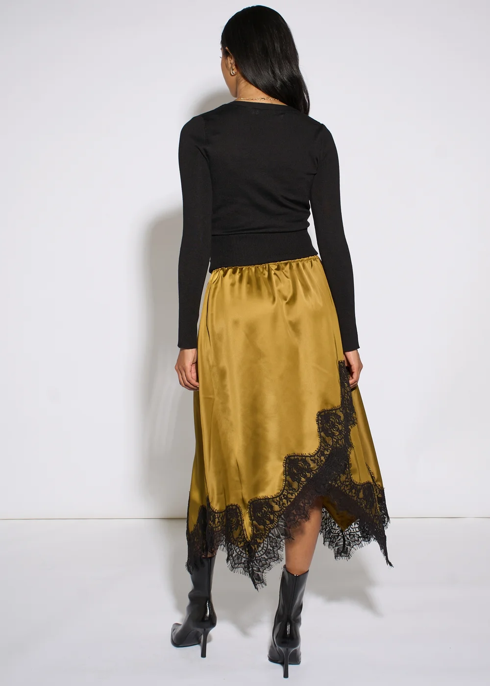 Gini London Khaki Satin Asymmetric Hem Contrast Lace Skirt - 8 Image 3