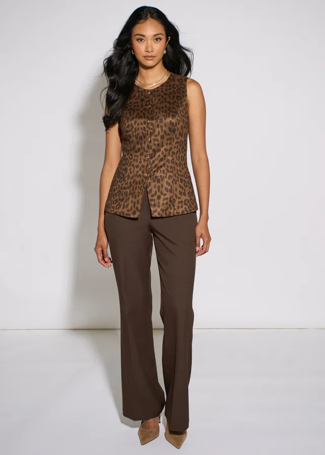 Gini London Brown Animal Print Button Waistcoat Top