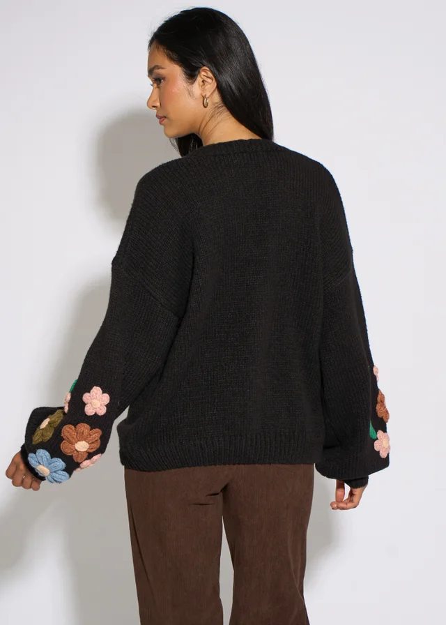 Gini London Black 3D Floral Sleeves Knit Cardigan