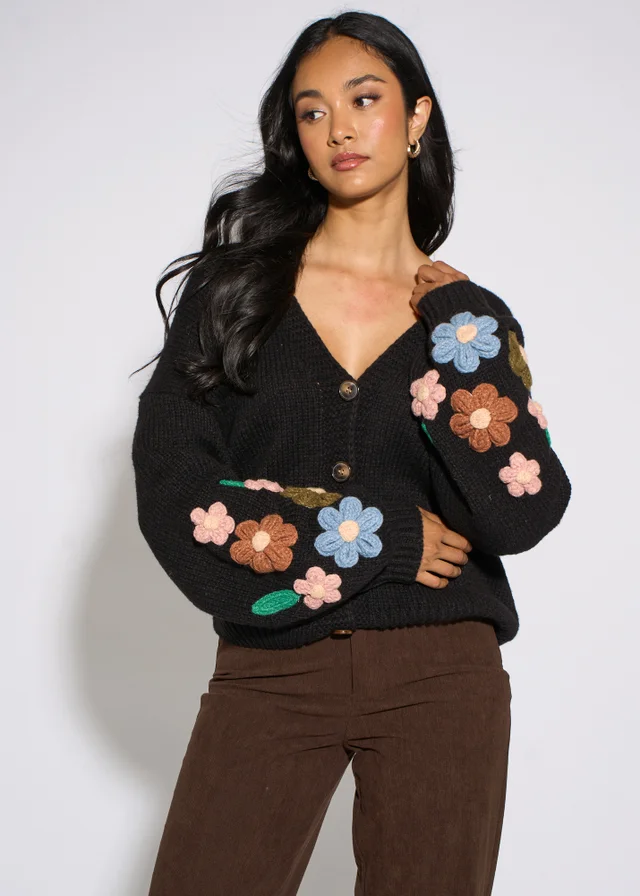 Gini London Black 3D Floral Sleeves Knit Cardigan
