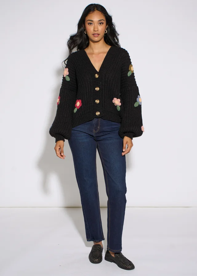 Gini London Black 3D Floral Chunky Knit Cardigan