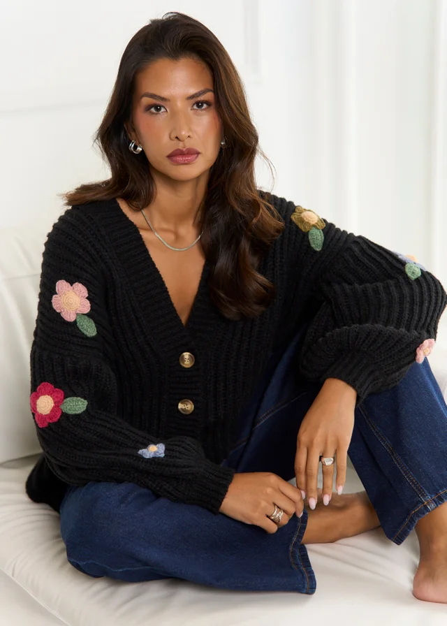 Gini London Black 3D Floral Chunky Knit Cardigan