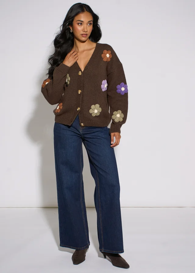 Gini London Brown 3D Floral Long Sleeves Knit Cardigan