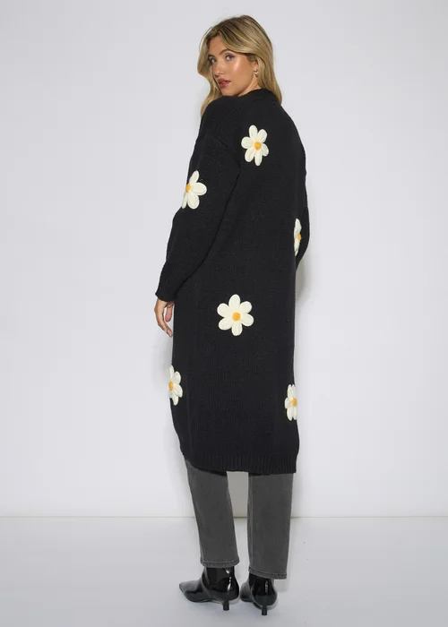 Gini London Black 3D Daisy Flower Longline Cardigan - M/L Image 2