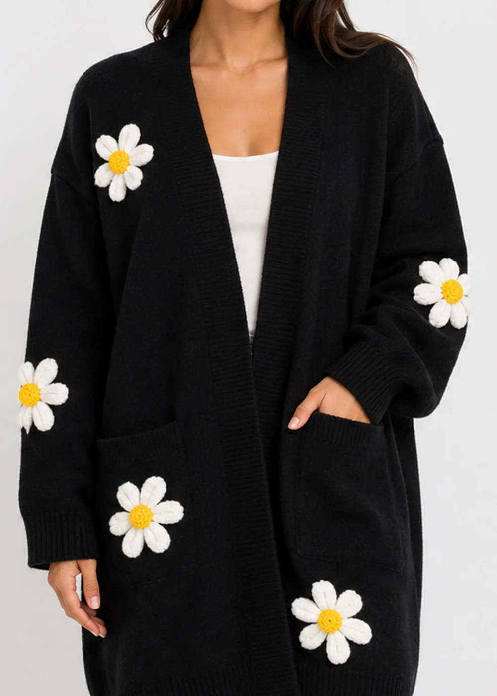 Gini London Black 3D Daisy Flower Longline Cardigan - S/M Image 3