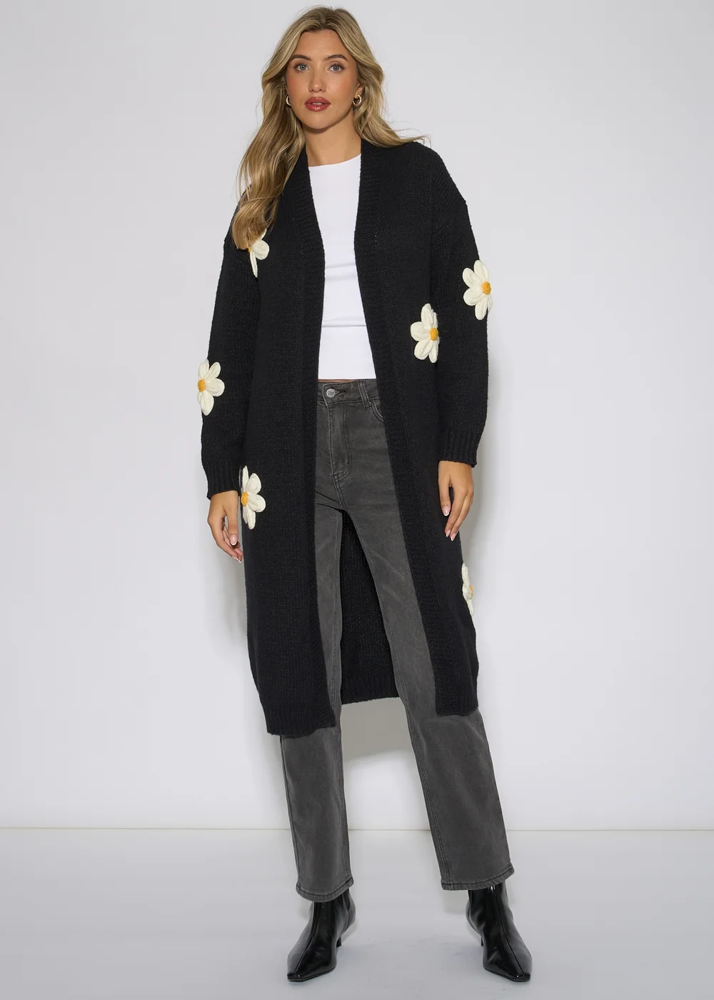 Gini London Black 3D Daisy Flower Longline Cardigan - M/L Image 1