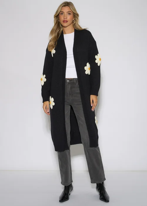 Gini London Black 3D Daisy Flower Longline Cardigan - M/L Image 1