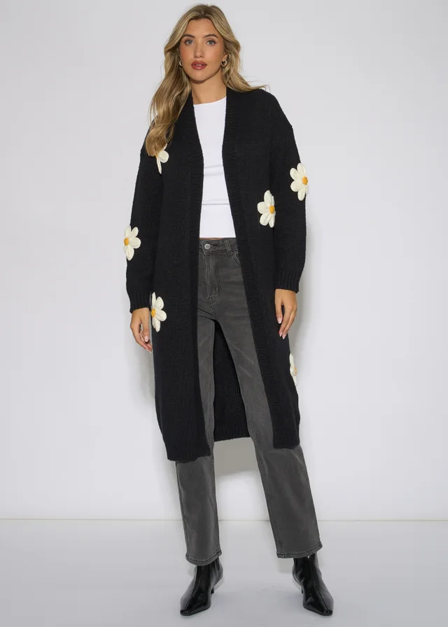 Gini London Black 3D Daisy Flower Longline Cardigan