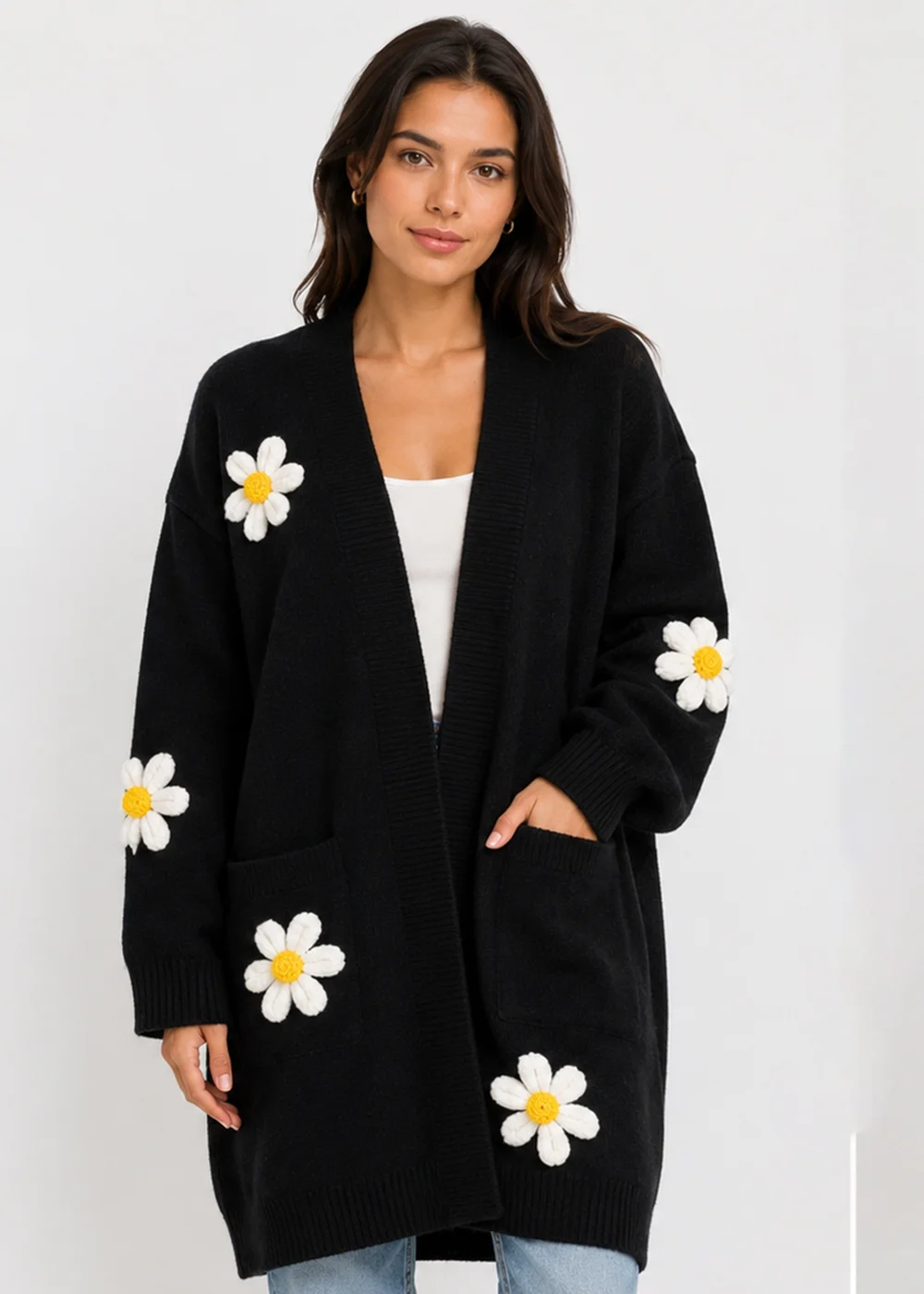 Gini London Black 3D Daisy Flower Longline Cardigan - S/M Image 1