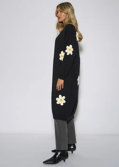 Gini London Black 3D Daisy Flower Longline Cardigan - M/L Image 4