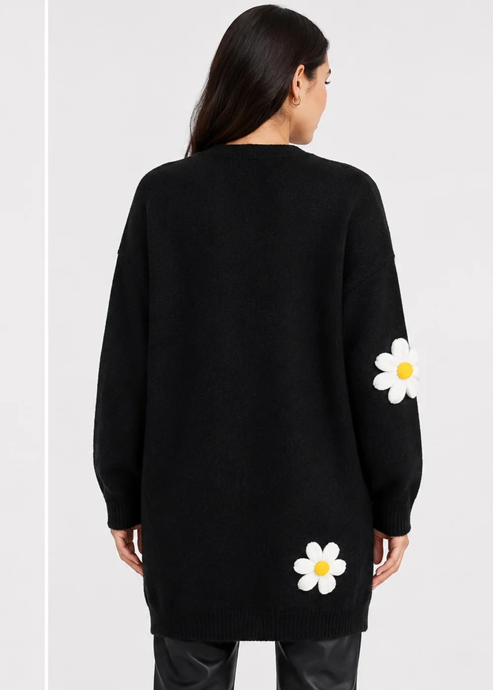 Gini London Black 3D Daisy Flower Longline Cardigan - S/M Image 2