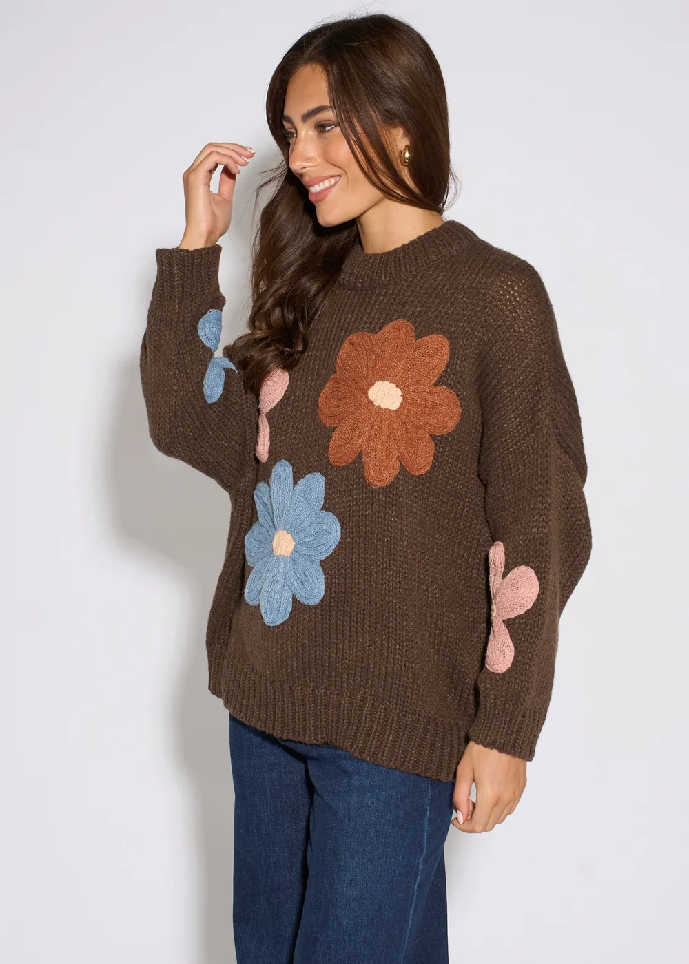 Gini London Brown 3D Floral Turtle Neck Knit Jumper - M/L Image 4