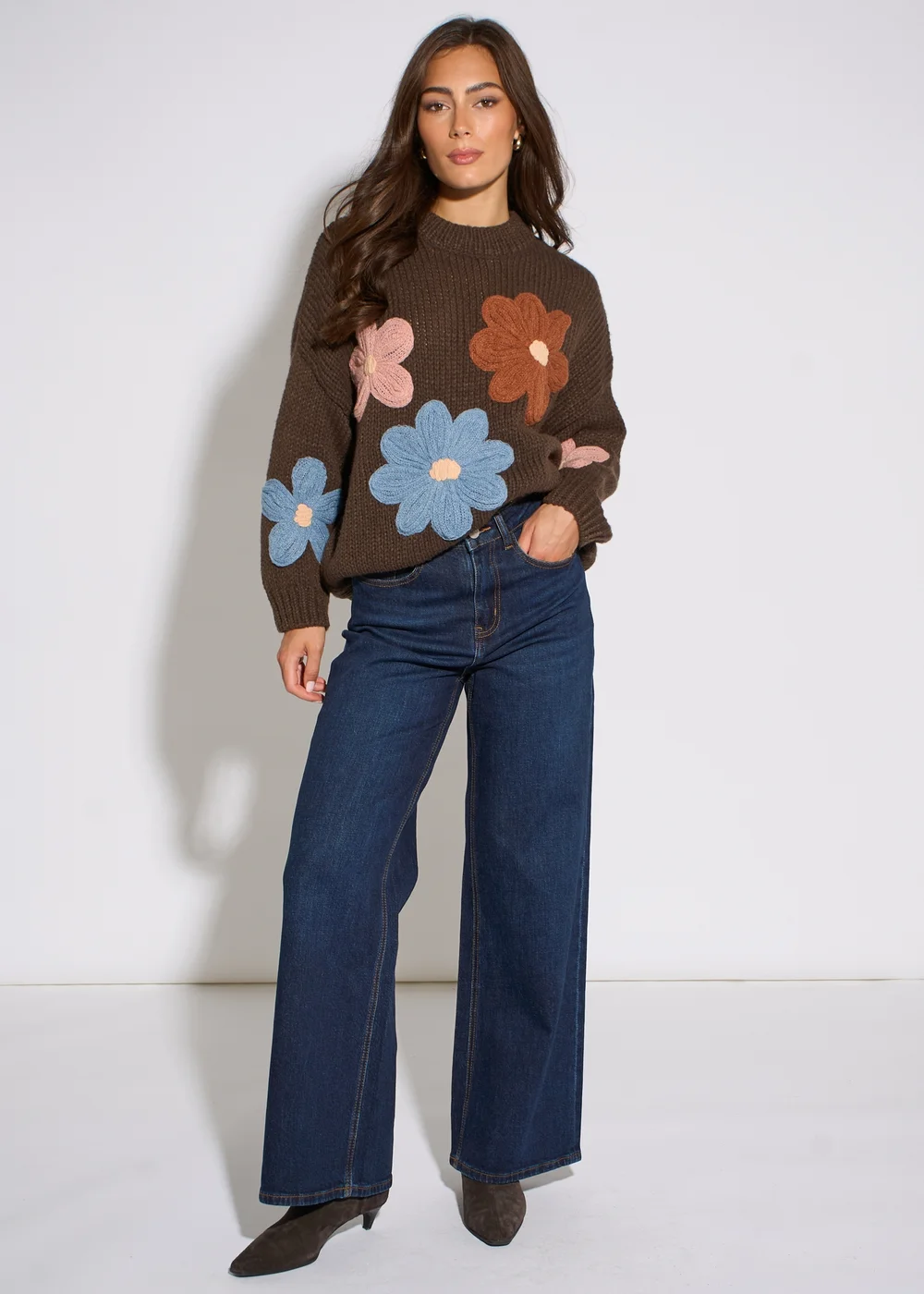 Gini London Brown 3D Floral Turtle Neck Knit Jumper - M/L Image 1