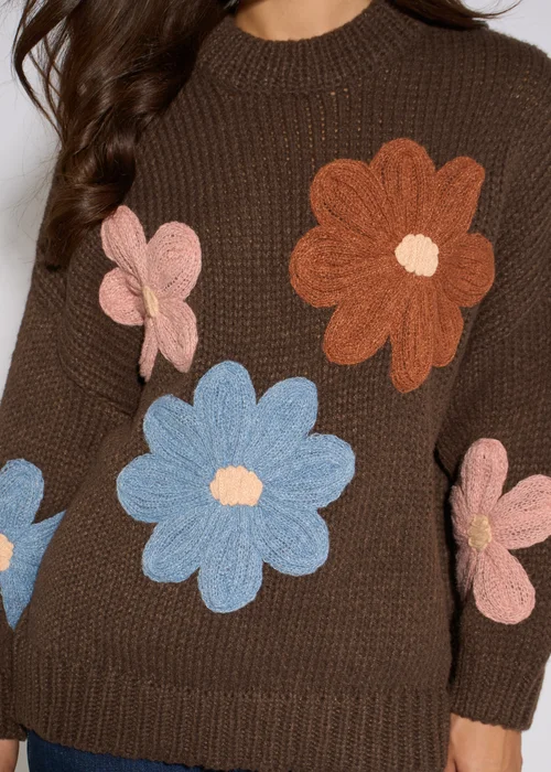 Gini London Brown 3D Floral Turtle Neck Knit Jumper - M/L Image 3