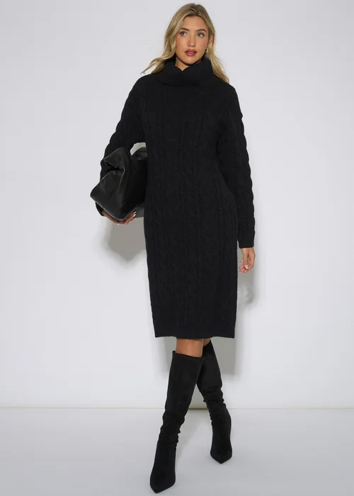 Gini London Black High Neck Cable Knit Shift Dress - L/XL Image 1