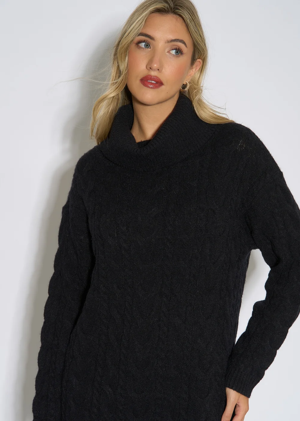 Gini London Black High Neck Cable Knit Shift Dress - L/XL Image 3