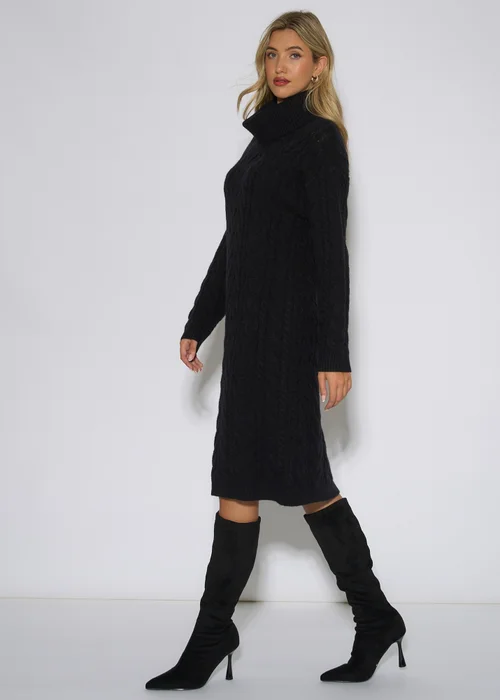 Gini London Black High Neck Cable Knit Shift Dress - L/XL Image 4