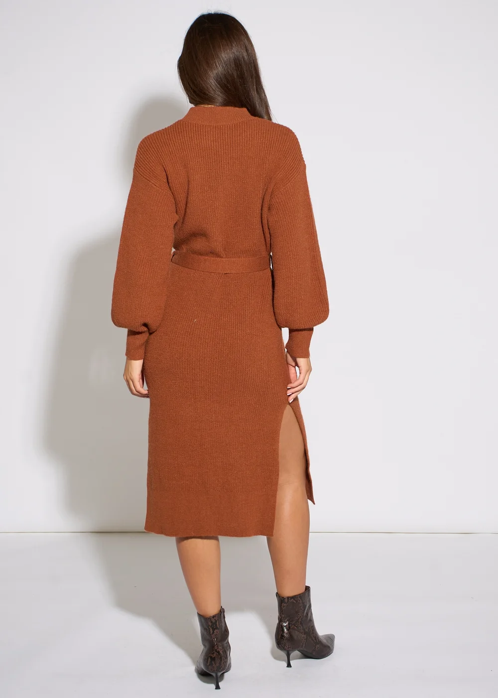 Gini London Tan Belted Knitted Long Sleeves Dress - S/M Image 2