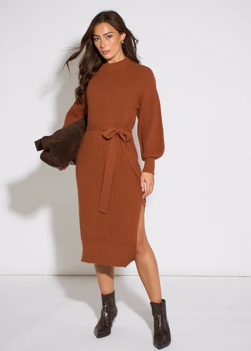 Gini London Tan Belted Knitted Long Sleeves Dress - S/M Image 1