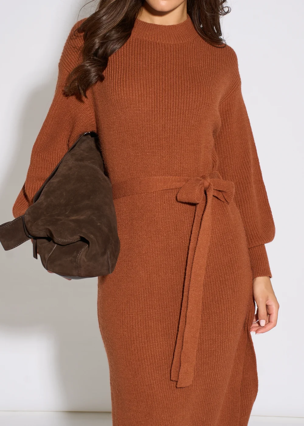 Gini London Tan Belted Knitted Long Sleeves Dress - S/M Image 3
