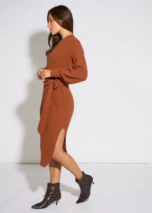 Gini London Tan Belted Knitted Long Sleeves Dress - S/M Image 4