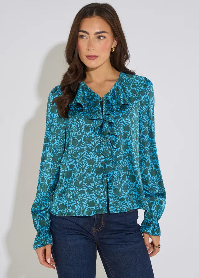 Gini London Blue Floral Print Ruffle Front Blouse