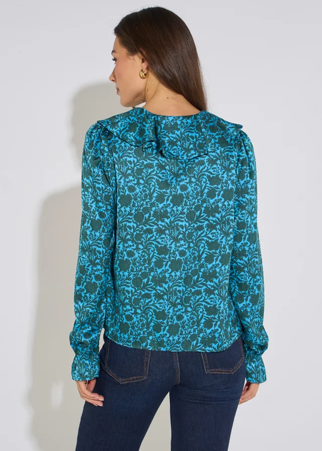 Gini London Blue Floral Print Ruffle Front Blouse