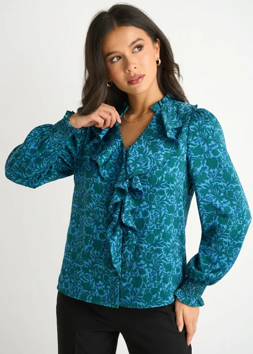 Gini London Blue Floral Print Ruffle Front Blouse - 16 Image 1