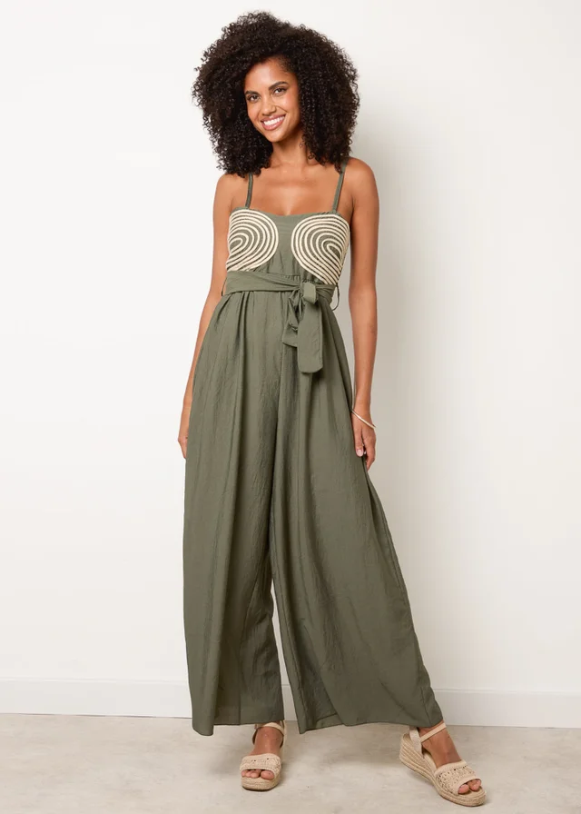 Blue Vanilla Khaki Gold Detailed Embroidered Stitching Jumpsuit