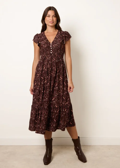 Blue Vanilla Brown V Neck Midi Dress With Shirred Waist Button Front - S/M Image 3