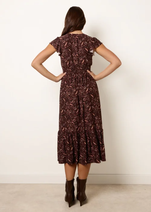 Blue Vanilla Brown V Neck Midi Dress With Shirred Waist Button Front - S/M Image 4