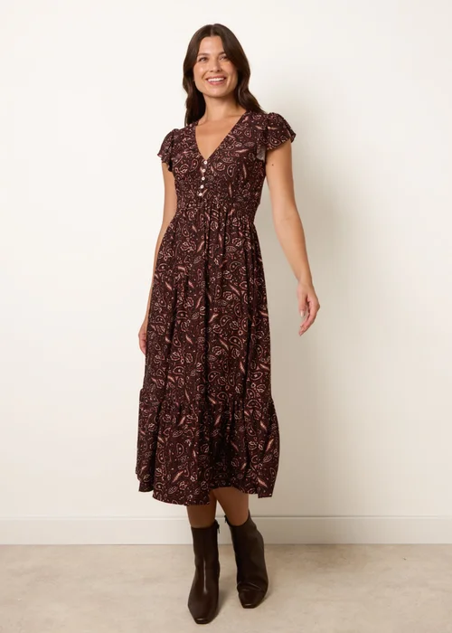 Blue Vanilla Brown V Neck Midi Dress With Shirred Waist Button Front - S/M Image 1