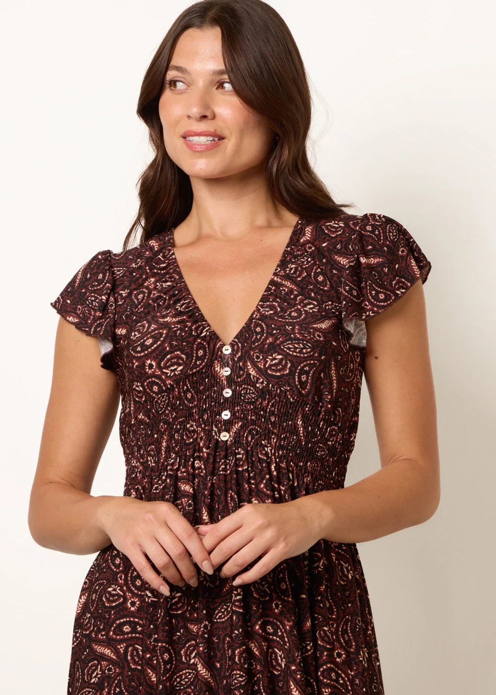 Blue Vanilla Brown V Neck Midi Dress With Shirred Waist Button Front - S/M Image 2