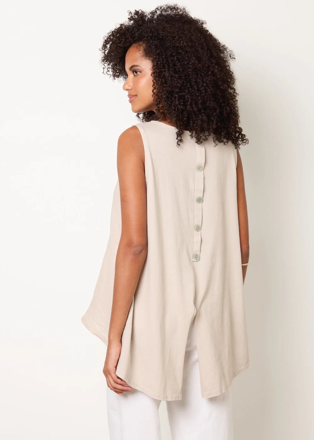 Blue Vanilla Beige Jersey Back Linen Woven Front Sleeveless Top - One Size Image 1