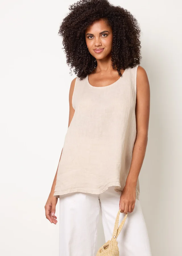 Blue Vanilla Beige Jersey Back Linen Woven Front Sleeveless Top