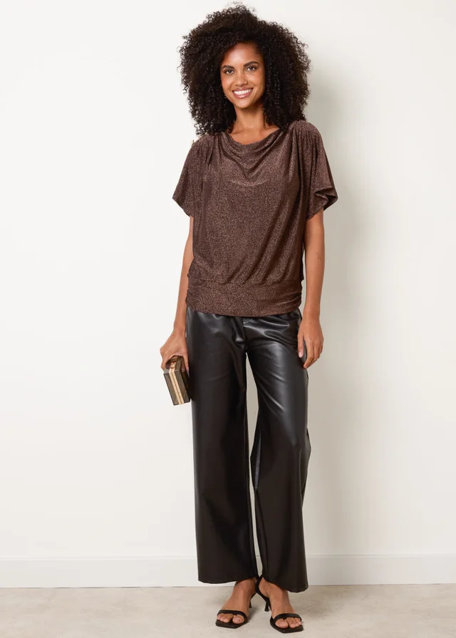 Blue Vanilla Tan Button Detail Draped Cowl Neck Top