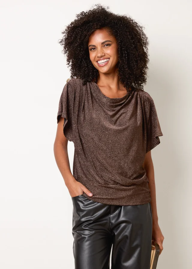 Blue Vanilla Tan Button Detail Draped Cowl Neck Top