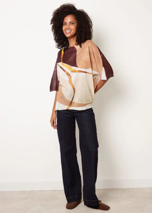 Blue Vanilla Brown Striking Watercolour Fine Knit Abstract Top
